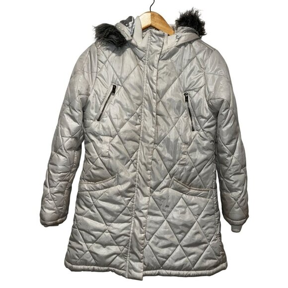 Dkny Jackets & Blazers - DKNY Quilted Silver Hooded Coat W/ Faux Fur Trim & Pockets Women's Size XL